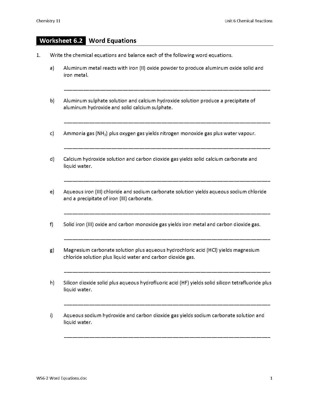 write balanced equations for the following reactions answers