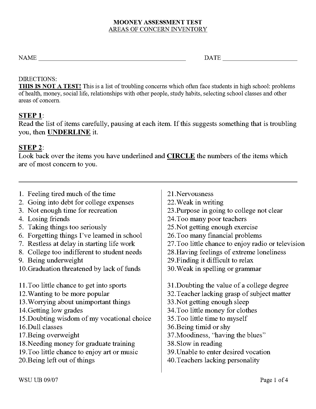 problem checklist for high school students