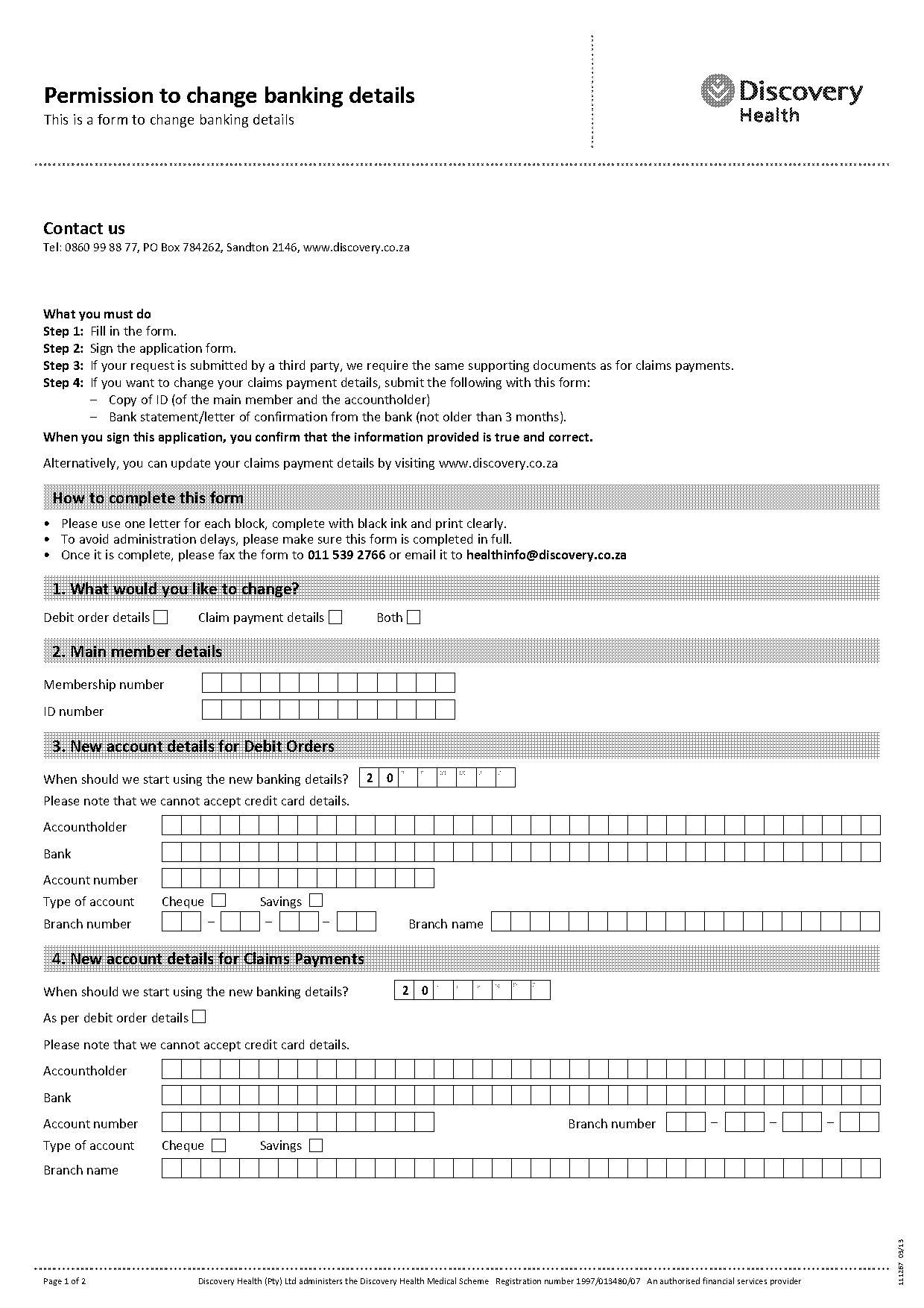 discovery change of banking details form