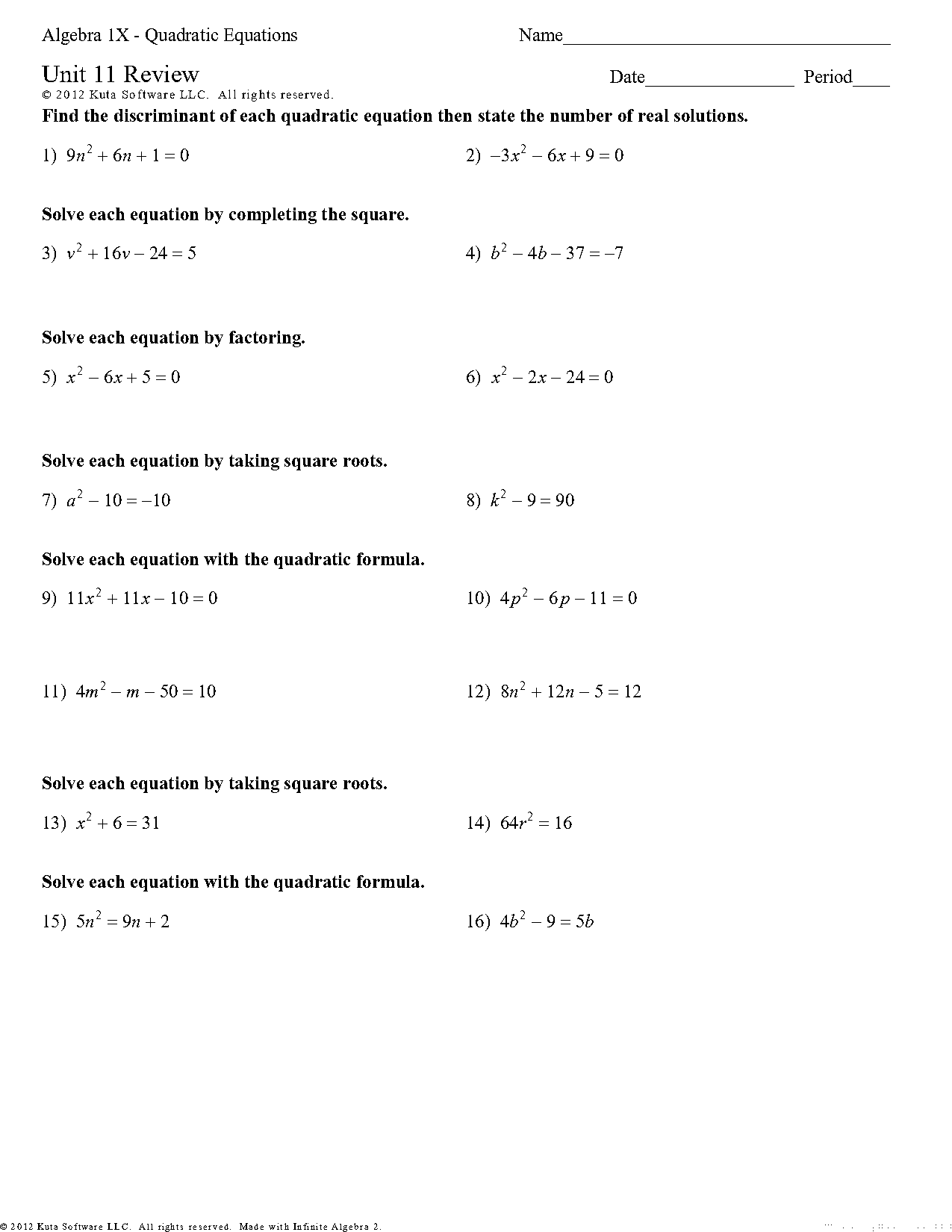 quadratic equation review worksheet