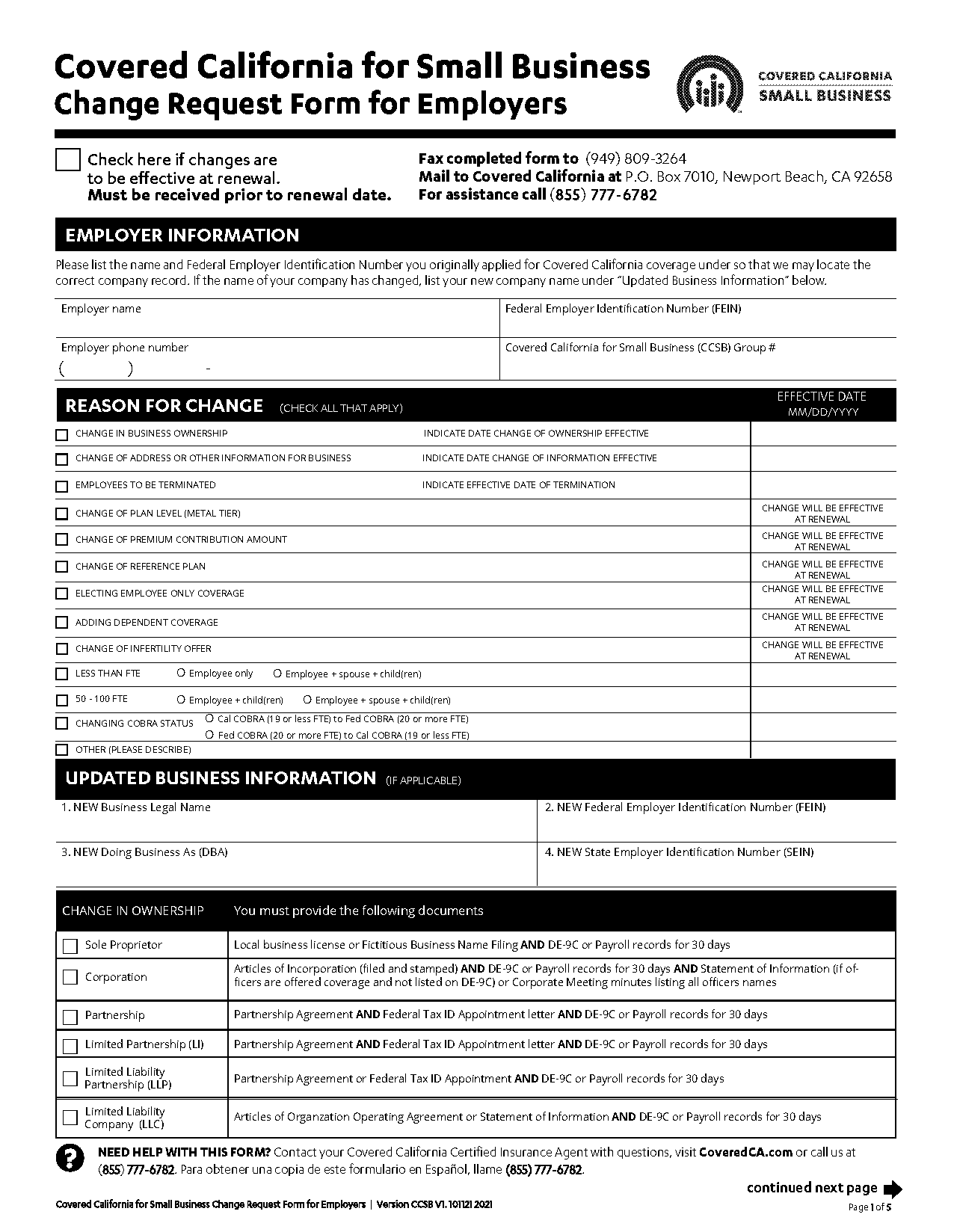 covered california revised changed form