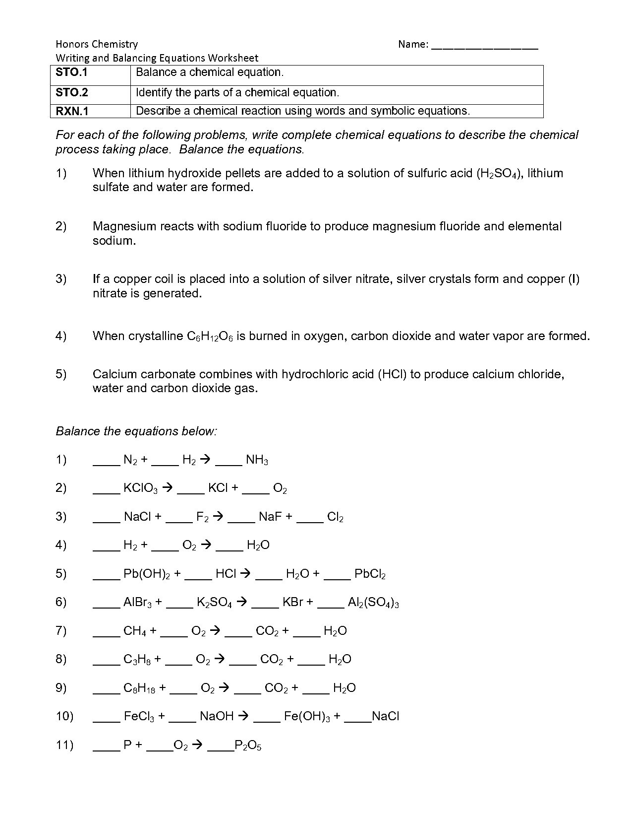 write balanced equations for the following reactions answers