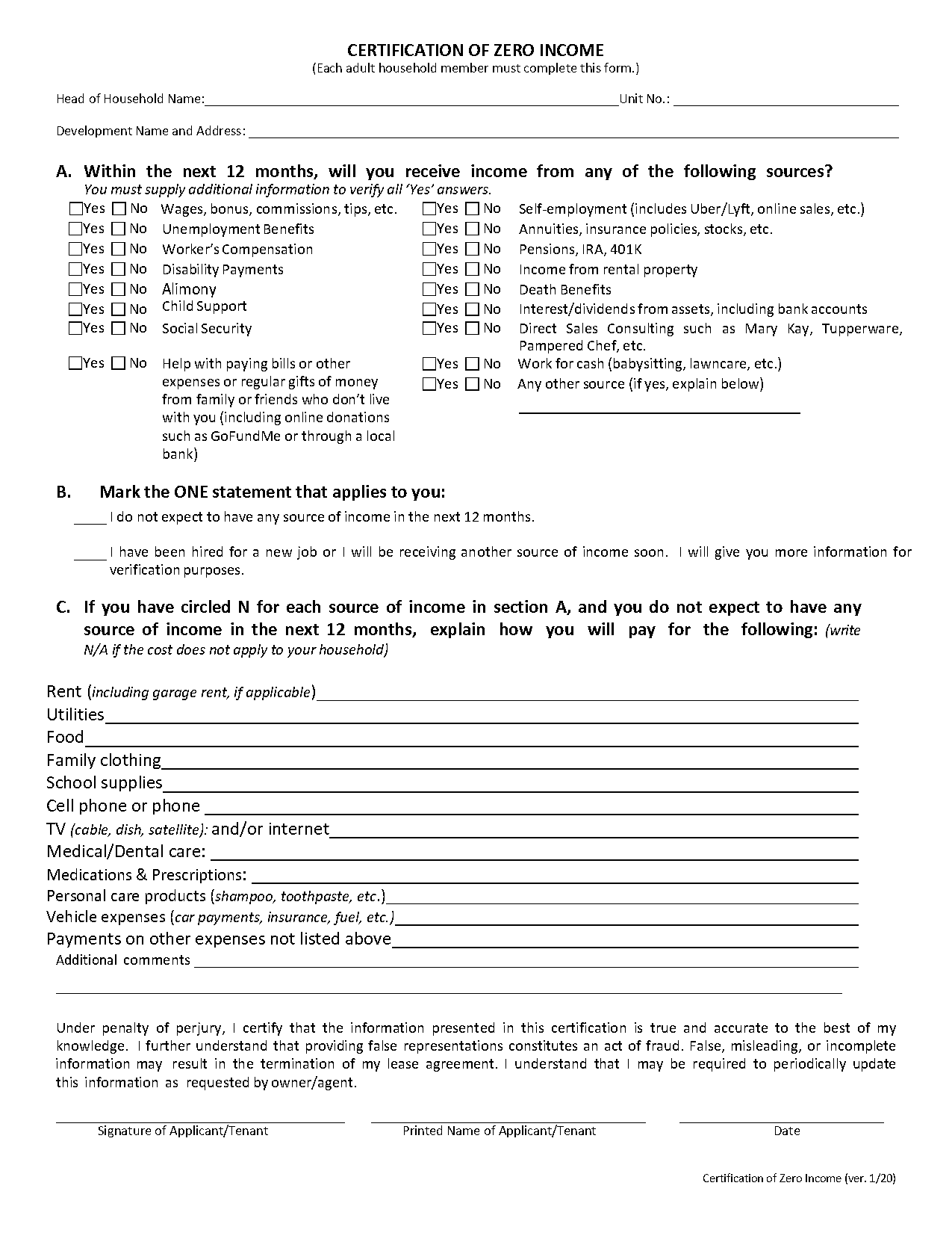 certificate of zero income form