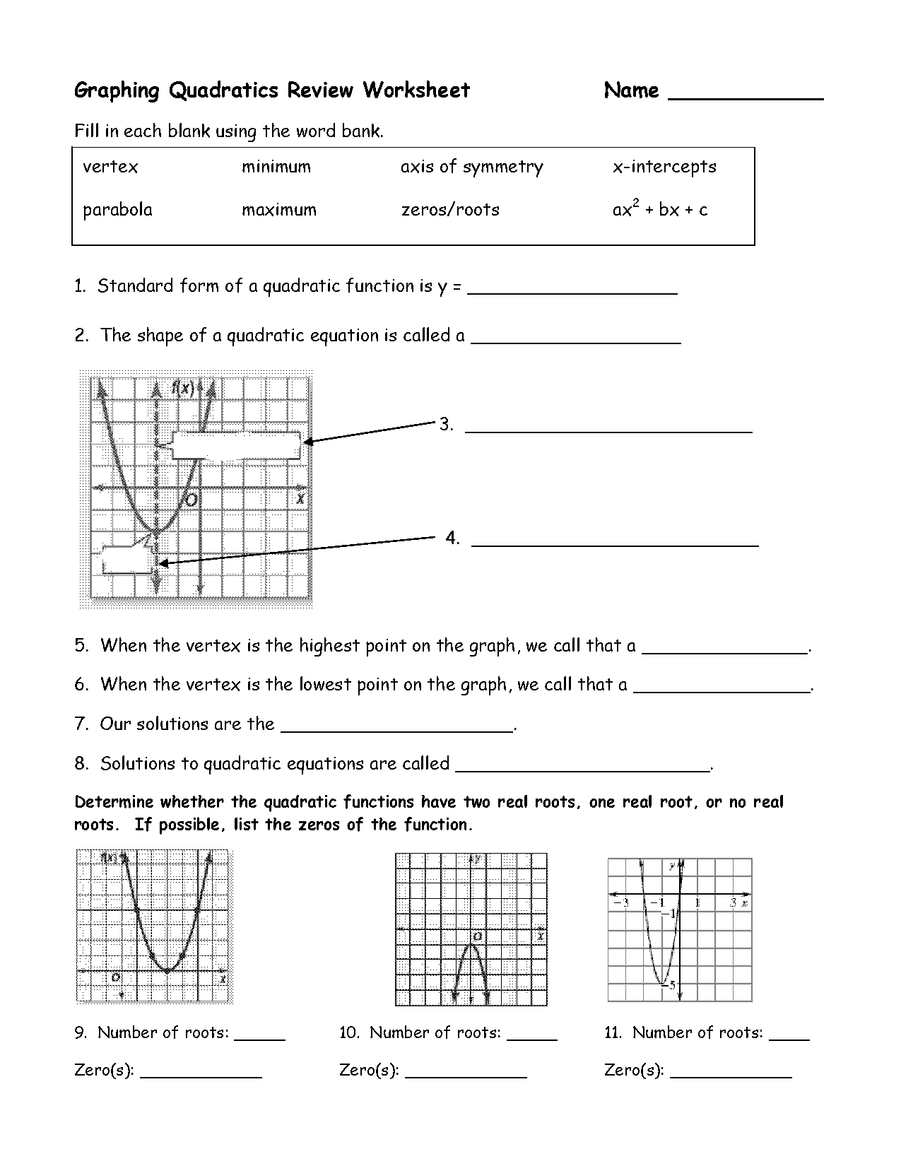 quadratic equation review worksheet