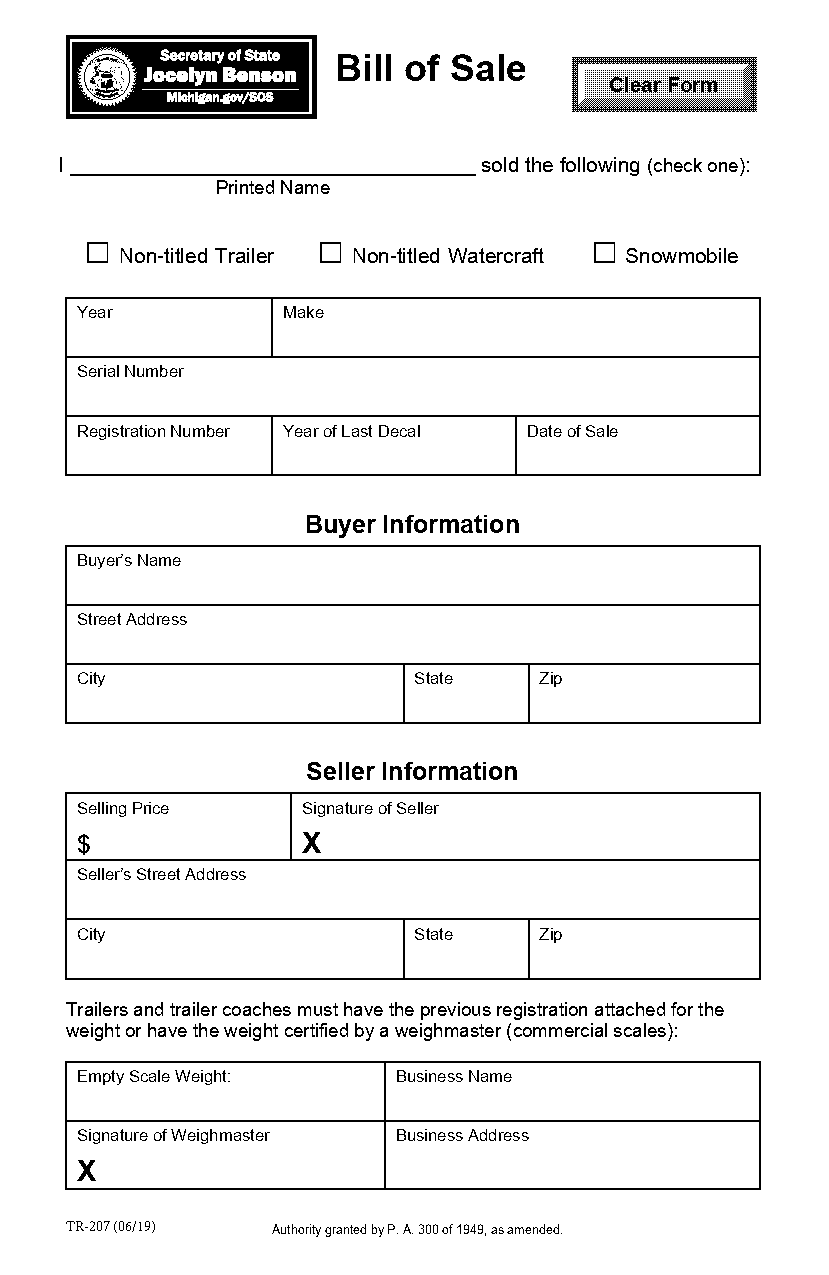 car bill of sale template michigan