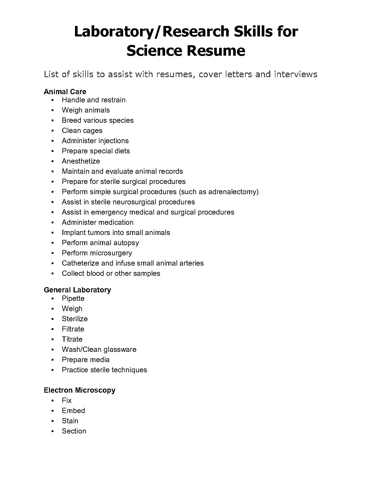 animal science resume skills