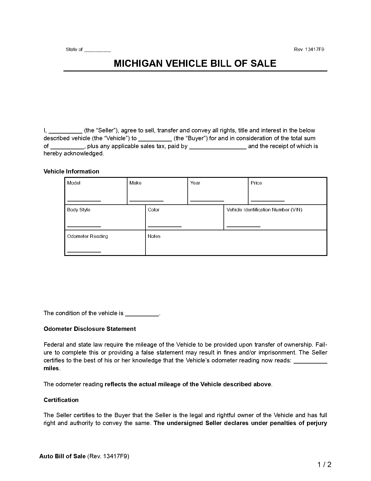 car bill of sale template michigan