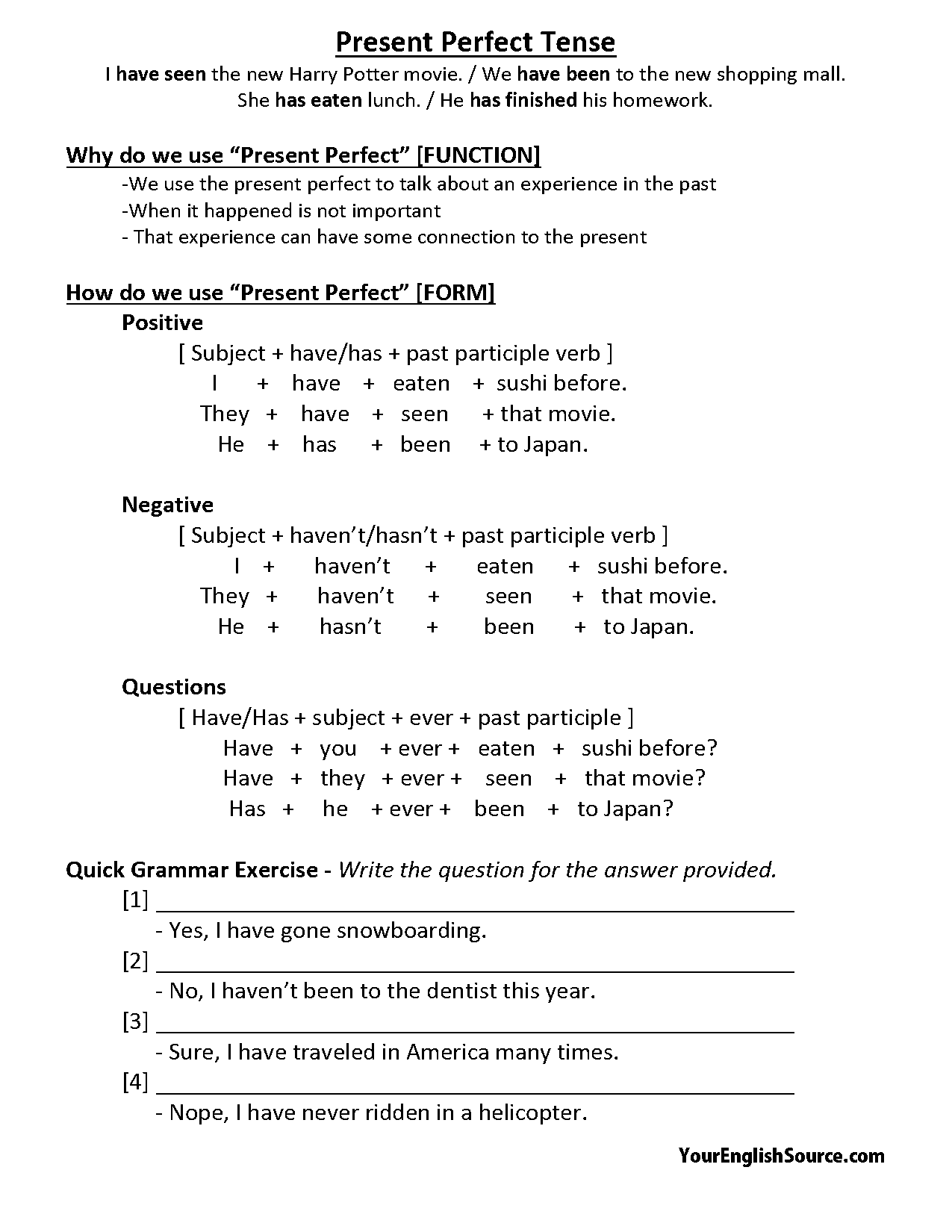 forming present perfect exercises