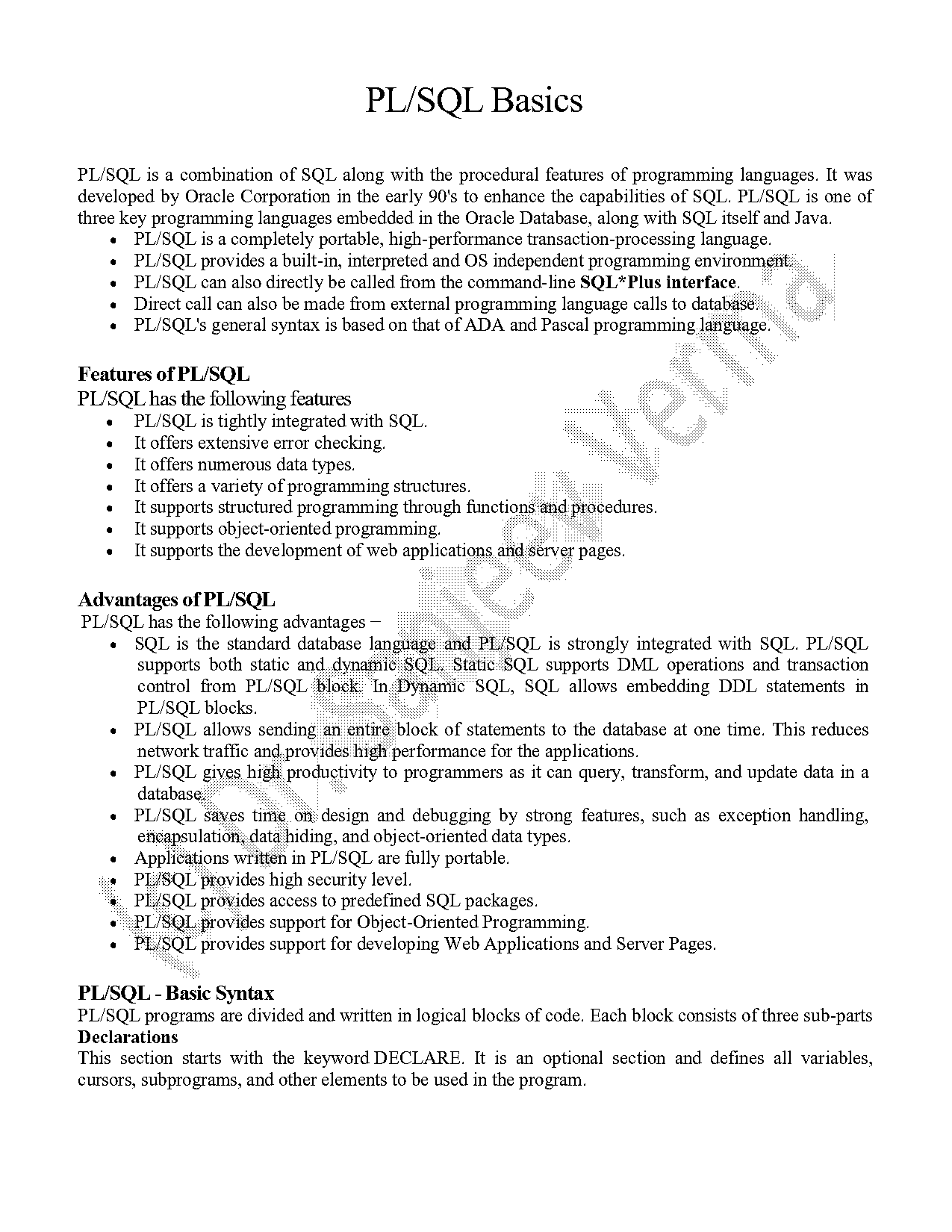 explain declare part in pl sql