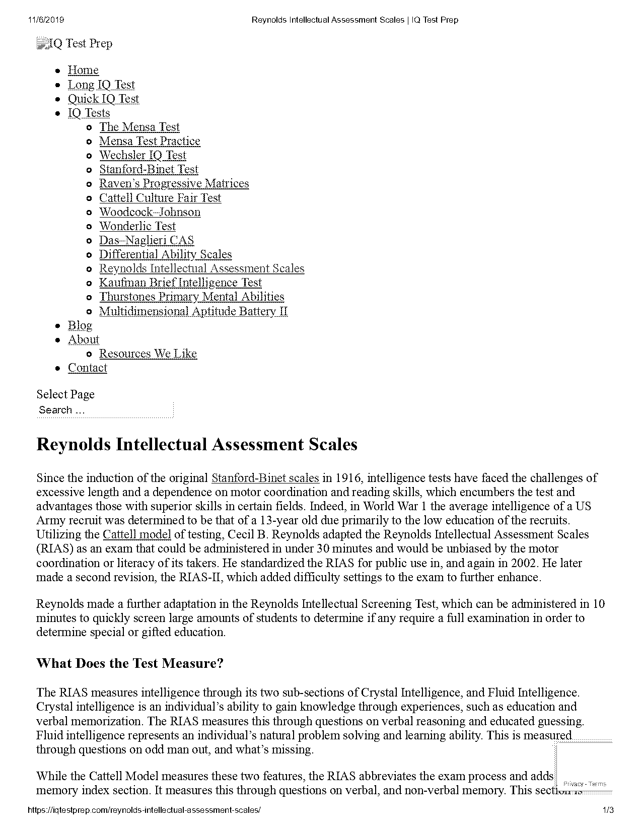 reynolds intellectual screening test sample questions