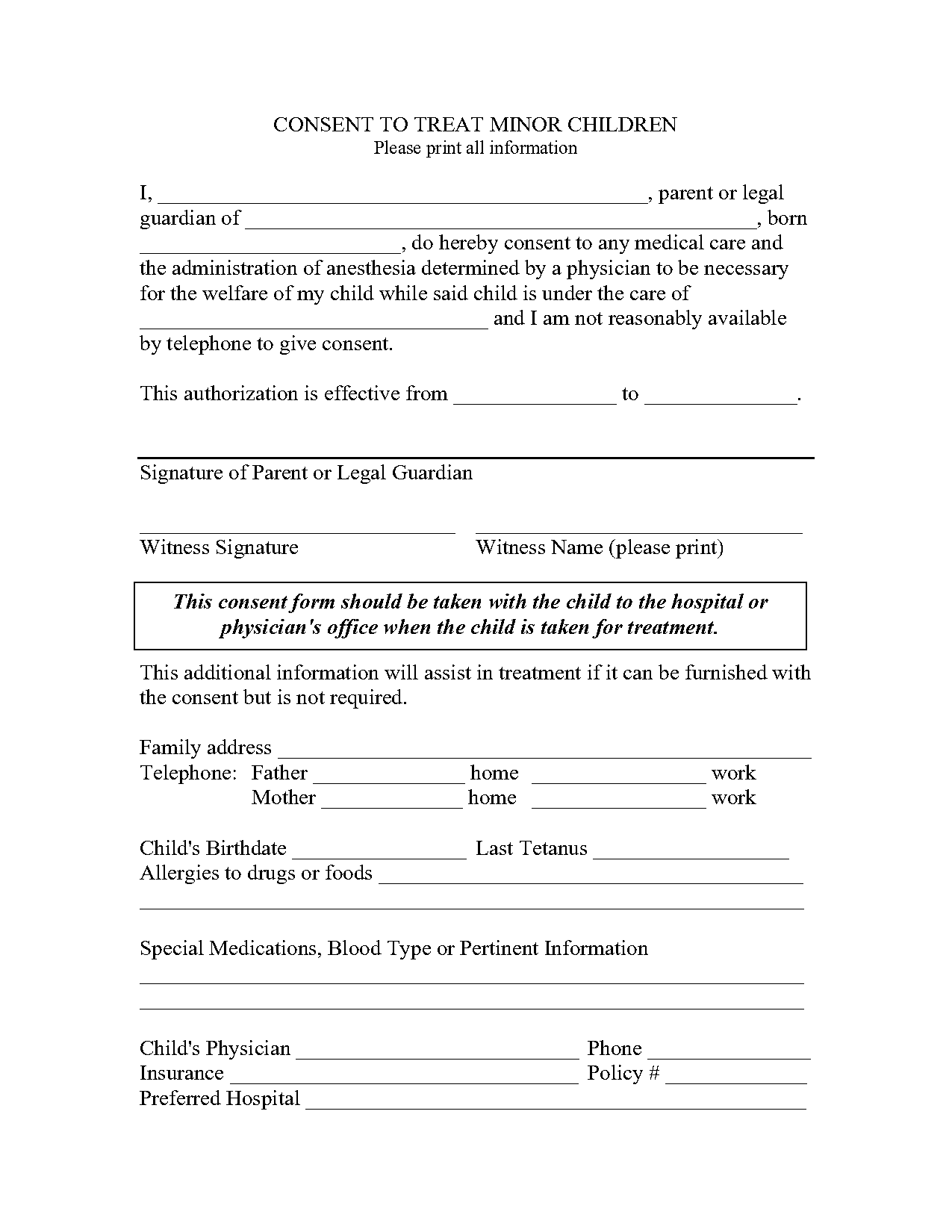 medical release form for child while parents out town printable