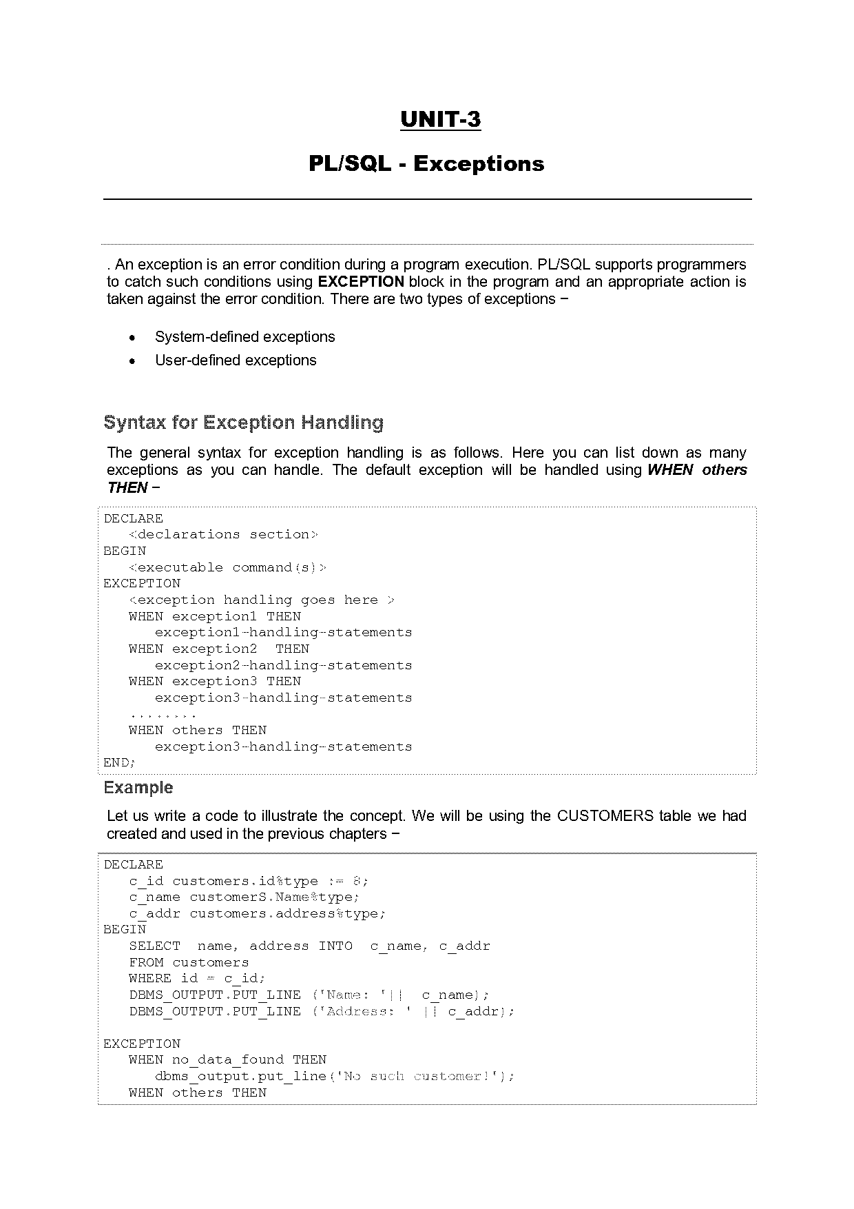 explain declare part in pl sql