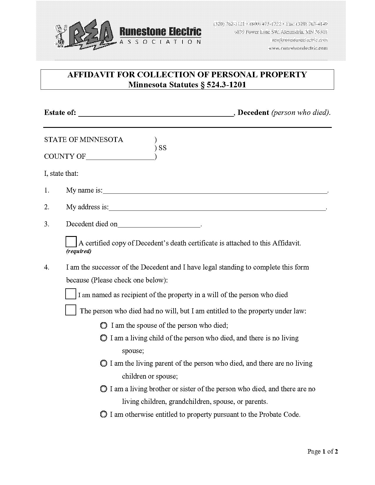 affidavit for collection of personal property form minnesota