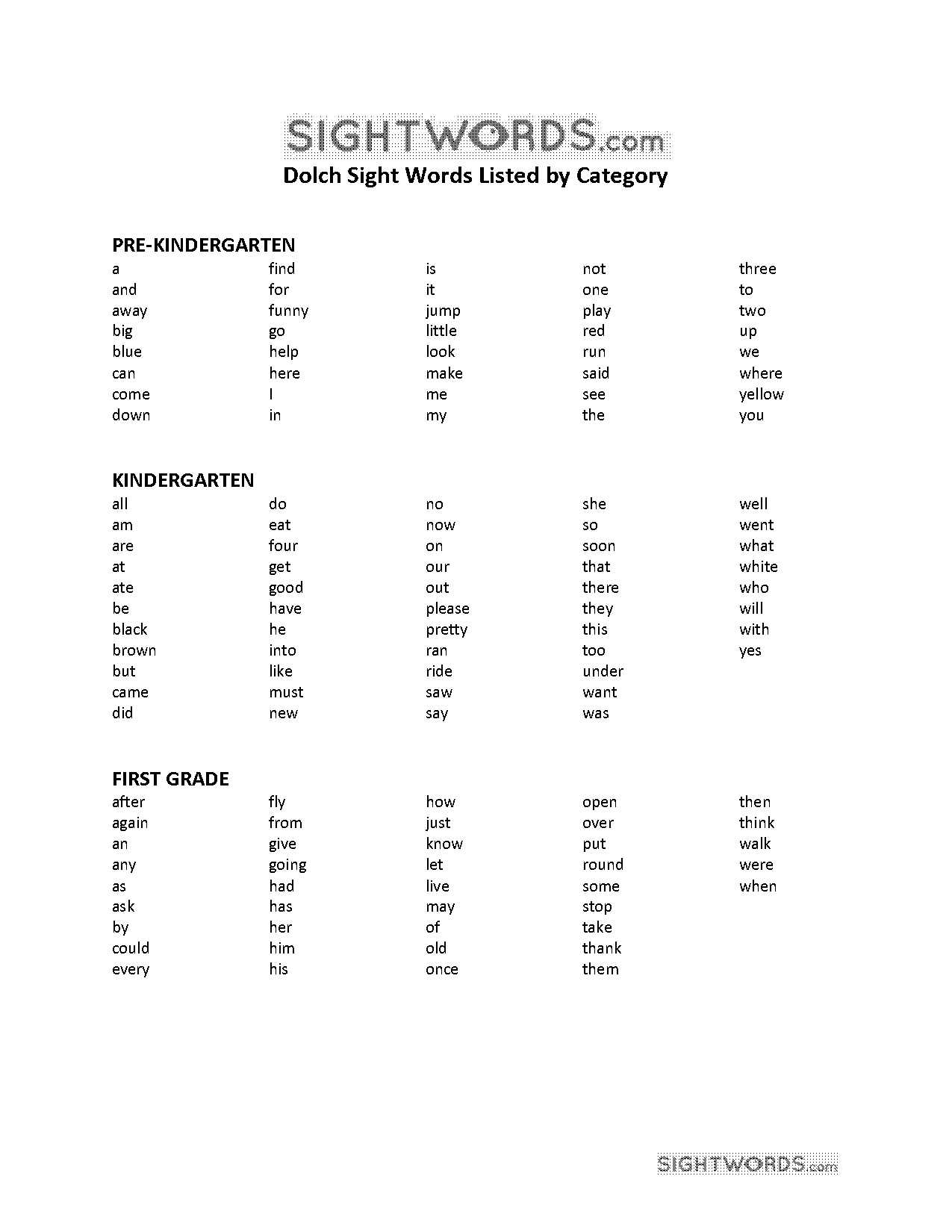 dolch sight words worksheets pdf