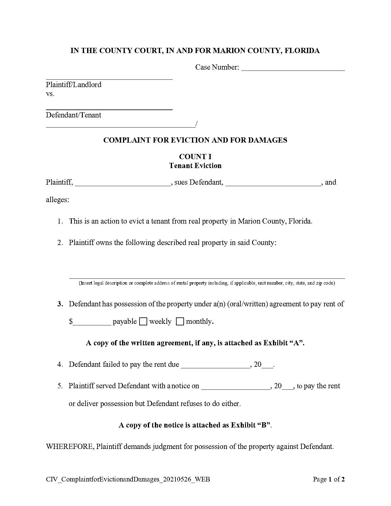 florida complaint for eviction