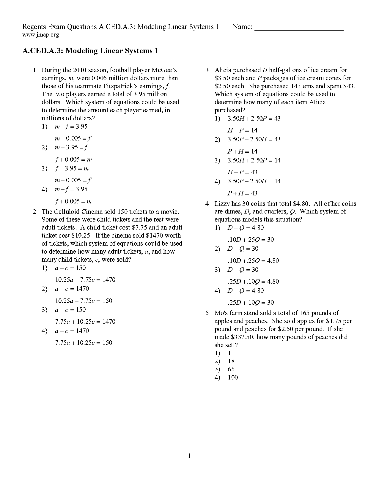 modeling systems of equations worksheet