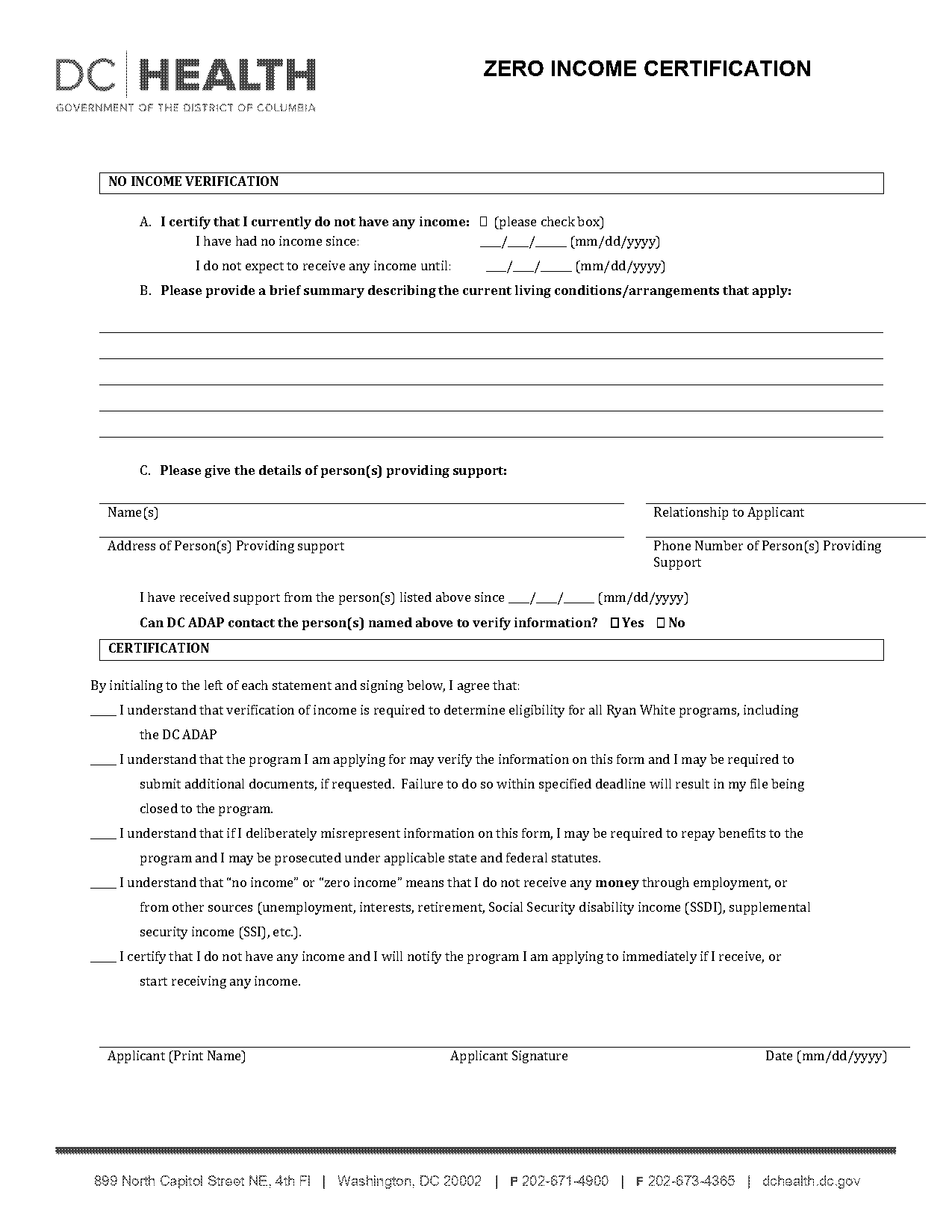 certificate of zero income form