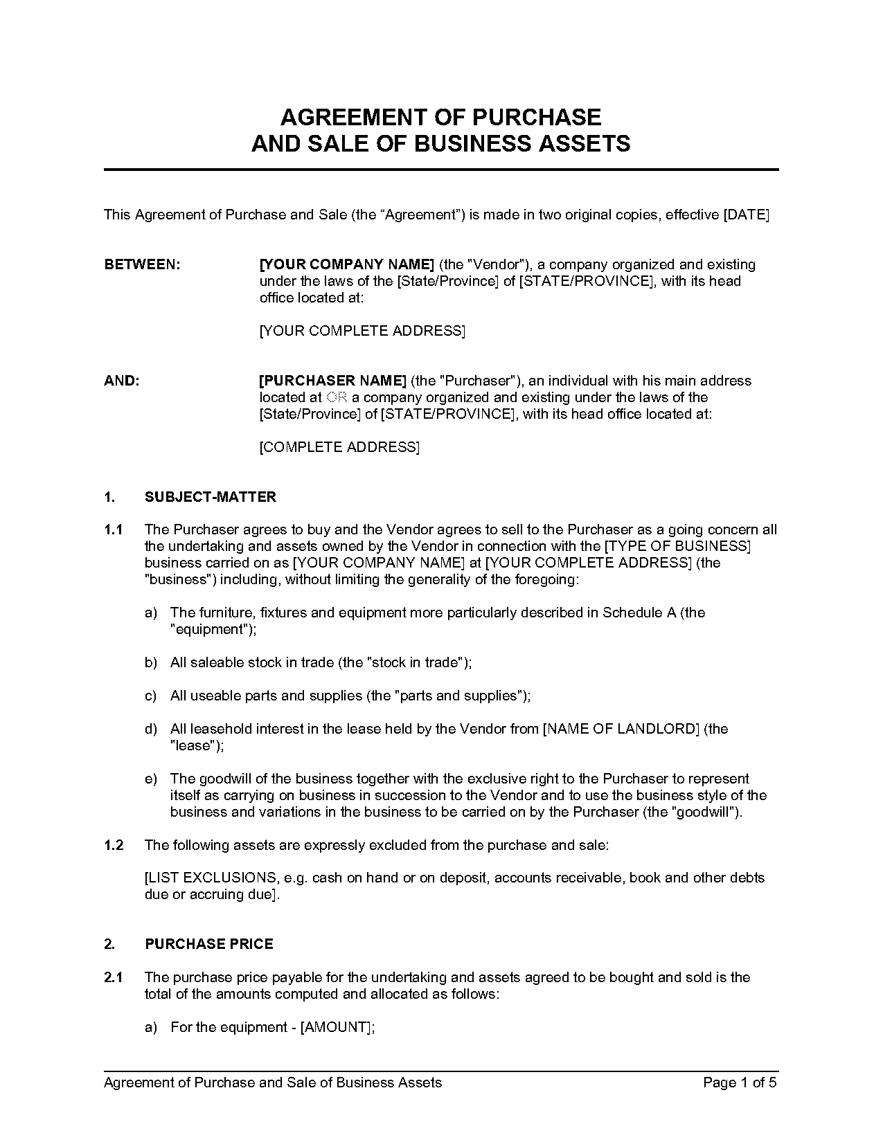 sample agreement to purchase business