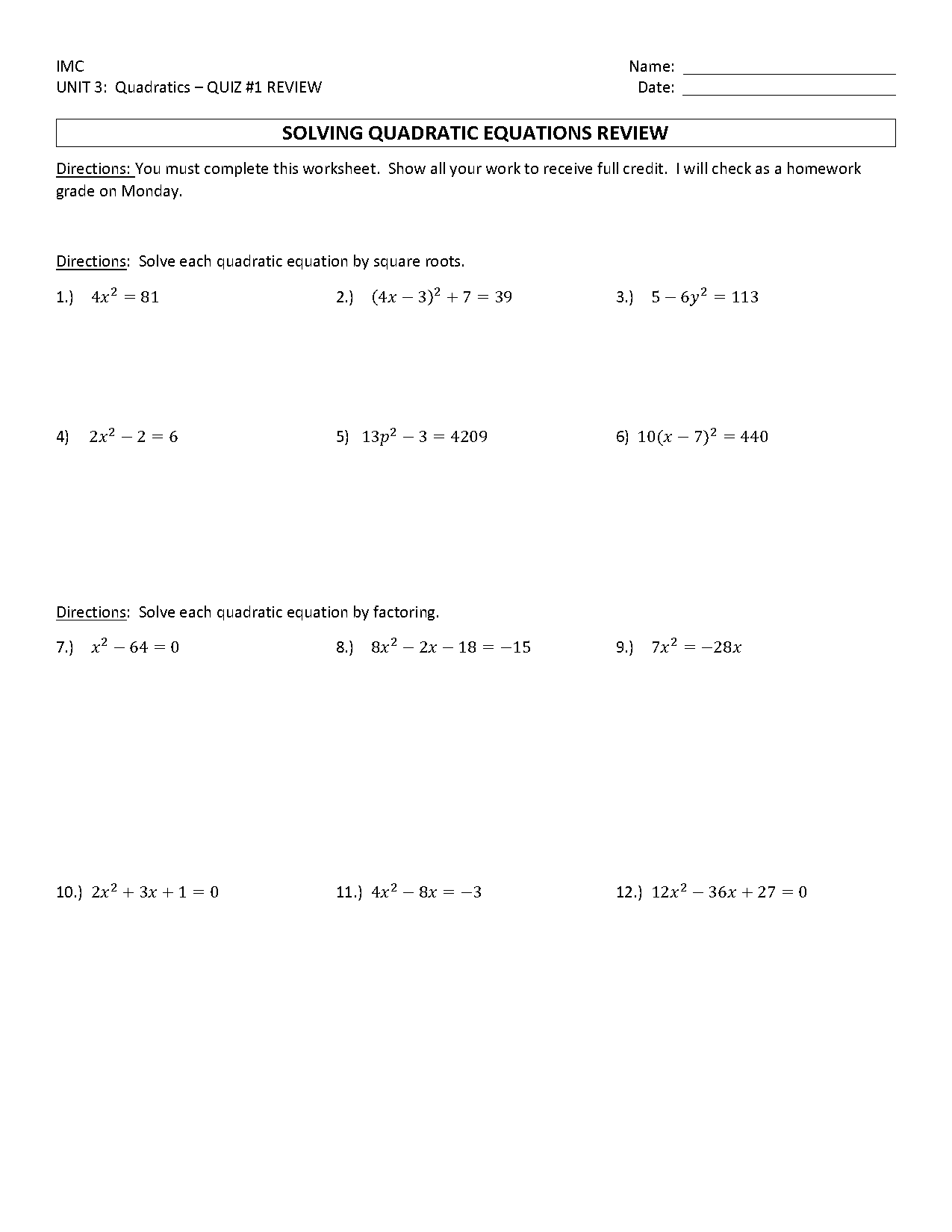 quadratic equation review worksheet