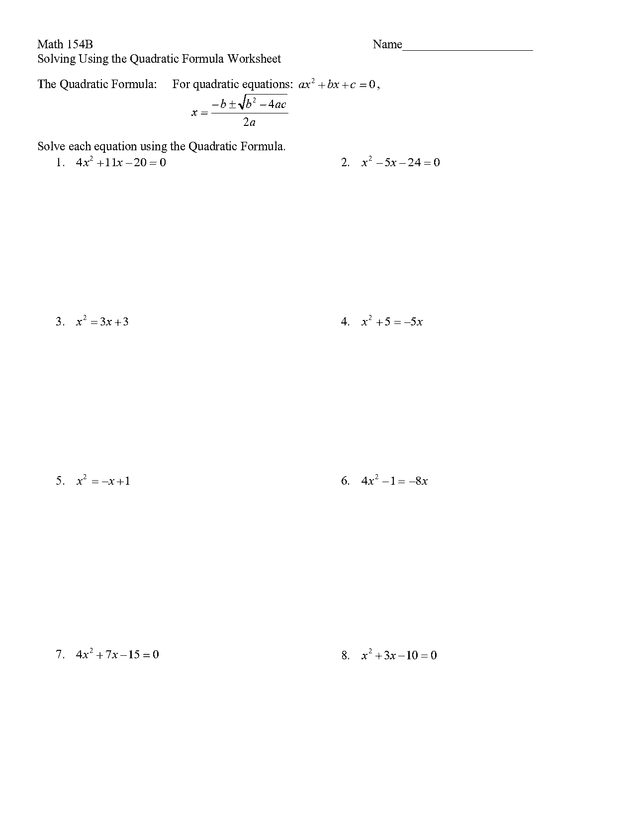 quadratic equation review worksheet