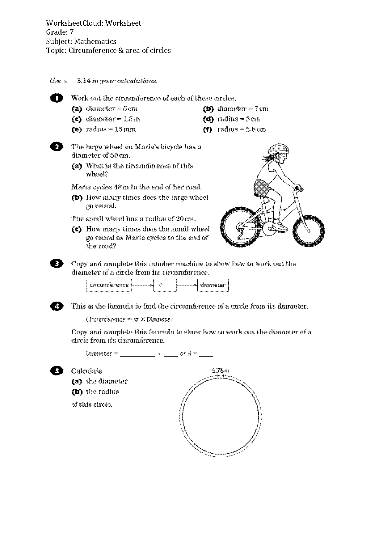 circumference and area of circle worksheet pdf