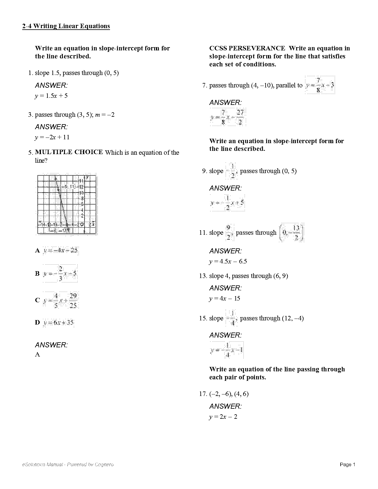 write an equation for the line in slope intercept form