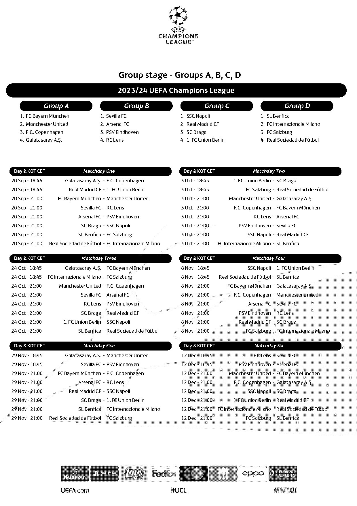 champions league table and fixtures