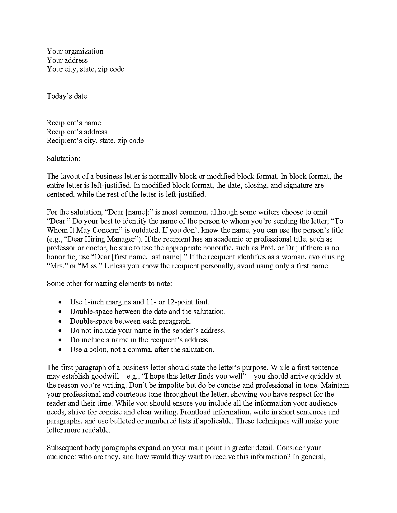 body of a business letter format