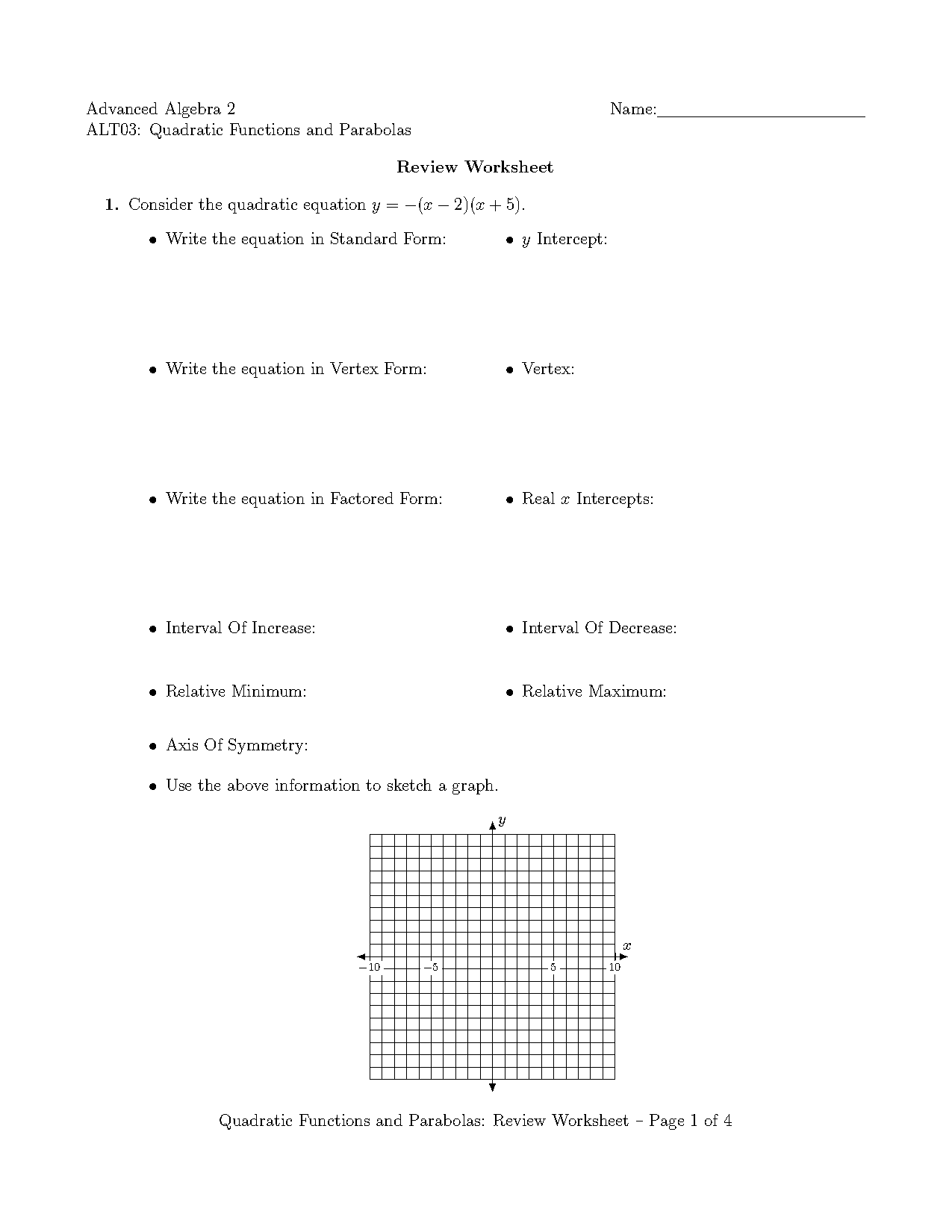 quadratic equation review worksheet