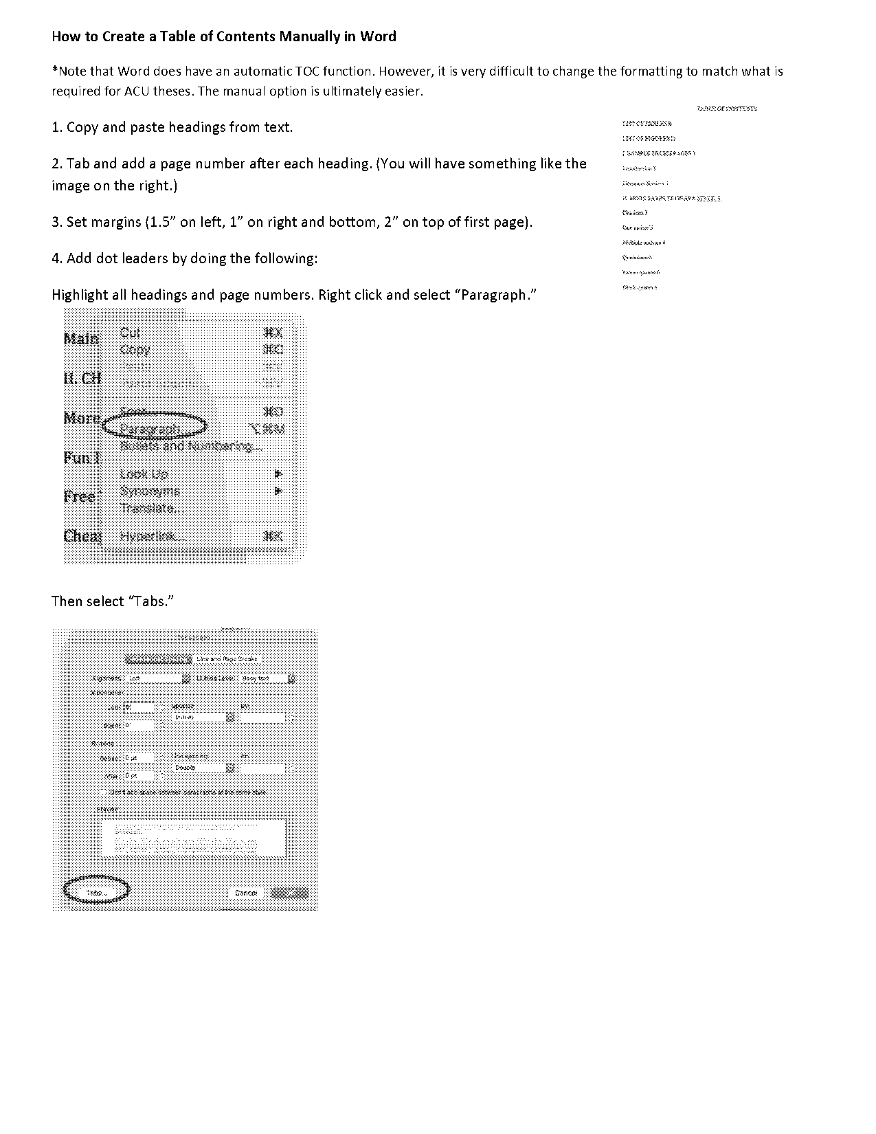 create table of contents in word